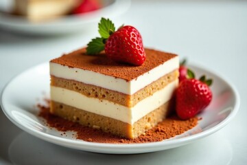 Single serving tiramisu, showcasing texture and layers , white background, rich, ladyfingers