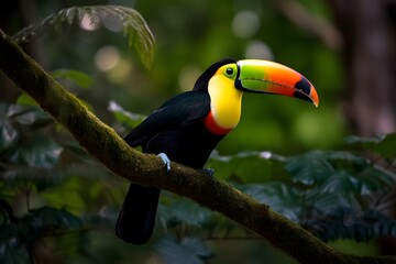 Fototapeta premium A beautiful toucan perched on a branch surrounded by lush green foliage in a tropical environment