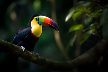 Fototapeta premium A toucan perched on a branch with its colorful beak facing right in a lush tropical forest setting