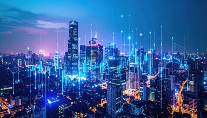 Fototapeta premium Innovative technology showcase in urban landscape city skyline digital art nighttime view futuristic concept