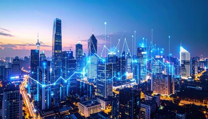 Fototapeta premium Dynamic urban landscape with digital trends at dusk city skyline high-quality image modern environment aerial view technology concept