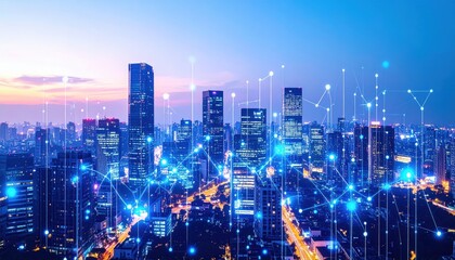 Urban technology transformation smart city innovations metropolis digital landscape evening skyline futuristic concepts