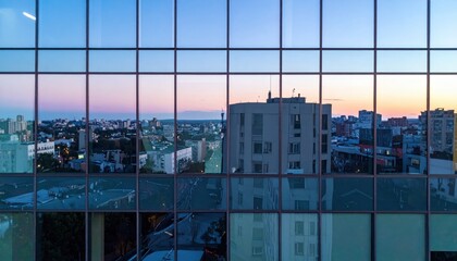 Urban twilight reflection coastal city aerial view modern architecture serene environment contemporary concept