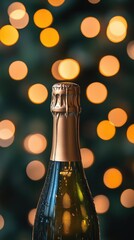 Sparkling bottle of celebratory wine against festive lights