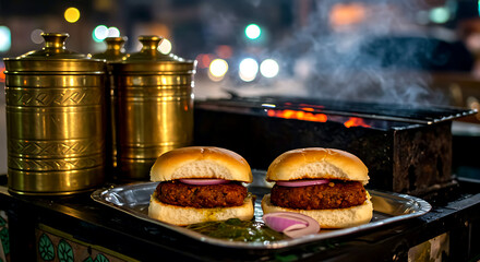 Pakistani bun kebab, spiced lentil patty in soft bun with chutney and onions 