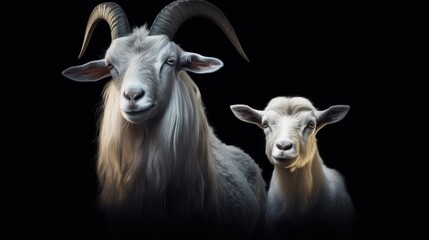 Two White Goats Portrait on Black Background with eid concept
