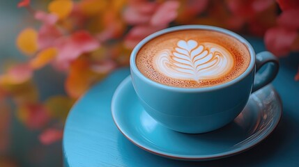 Aromatic latte art in teal mug