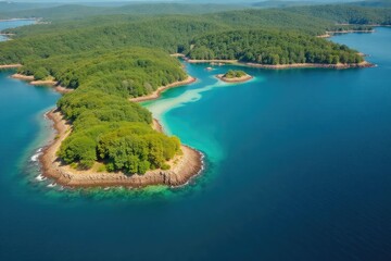 Obraz premium Distinctive shoreline, irregular lake edge with inlets and bays, land, inlet