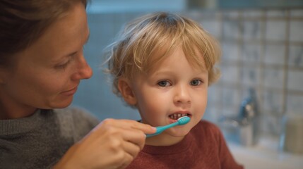 A mother assisting her son with brushing his teeth