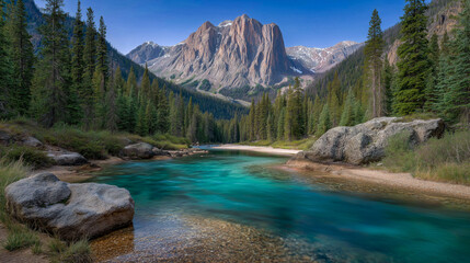 Mountain River Serenity: An enchanting scene of a turquoise river winding through a lush valley, cradled by towering mountain peaks.