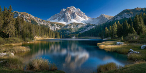 Majestic Mountain Reflection: A breathtaking vista unfolds, showcasing a serene alpine lake mirroring the towering presence of a snow-capped peak, all under a bright blue sky.