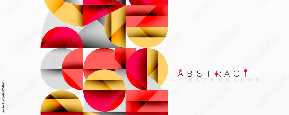 Poster geometric shapes overlap, creating vibrant colorful pattern. red, gold, white dominate design. moder