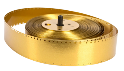 Golden Curly Film Reel isolated on solid white background 