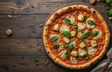 Classic Margherita Pizza with Fresh Basil on Rustic Wooden Tabletop, top view