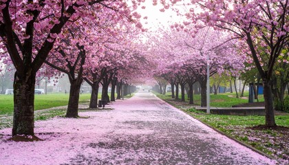 Blossoming cherry trees city park nature scene springtime serene view tranquility and beauty