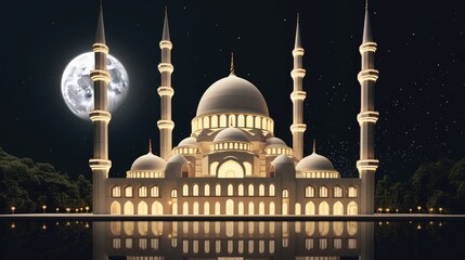 Black and White Mosque under Moonlight for Eid
