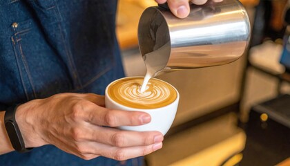 Latte art creation local coffee shop close-up photography indoor atmosphere intimate viewpoint celebrating coffee culture