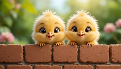 Two Charming Chickens on a Brick Wall amidst a Serene Garden Backdrop