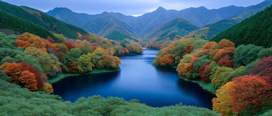 Serene Lake Amidst Autumn's Embrace: Capturing the tranquil beauty of a lake, bordered by vibrant trees in autumn foliage, cradled between majestic mountains, under a soft cloudy sky. 