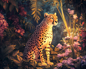 Tropical Cheetah in Floral Forest