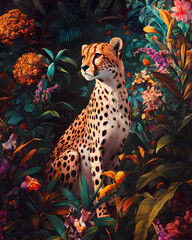 Tropical Cheetah in Floral Forest