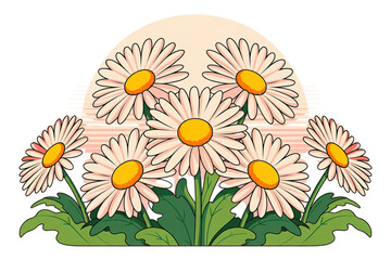 Fototapeta premium Seven daisies with yellow centers and green leaves are arranged against a striped background on transparent background