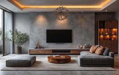 Modern living room, city view, cozy interior, relaxing atmosphere, home design
