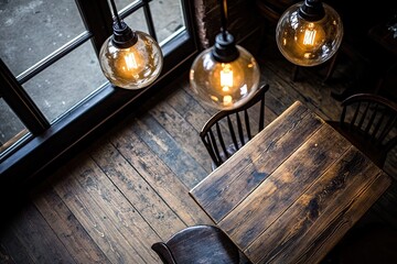 Rustic cafe interior with warm lighting