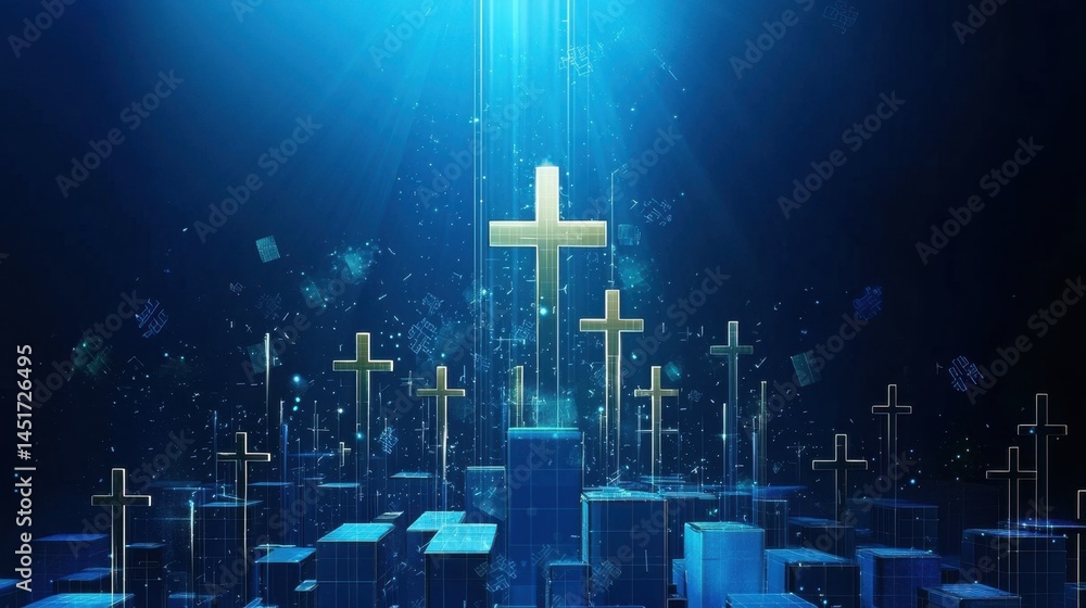 Poster abstract blue background with scattered small squares and crosses creating a digital grid