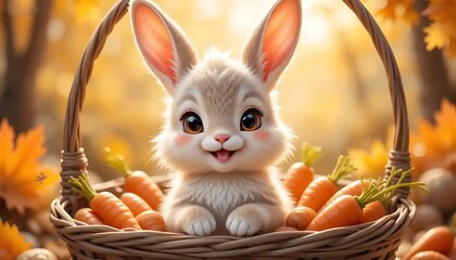 Adorable bunny rabbit nestled in a basket full of vibrant carrots