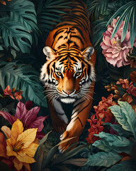 Tropical Tiger in Blooming Jungle