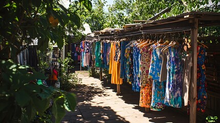 Colorful Fashion Dresses Displayed on Hangers at Outdoor Market