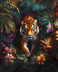 Tropical Tiger in Blooming Jungle