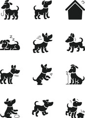 Minimalist Black and White Dog Activity Icon Set – 12 Silhouette Illustrations