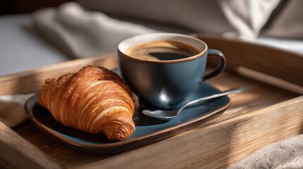 A croissant and coffee on a wooden tray