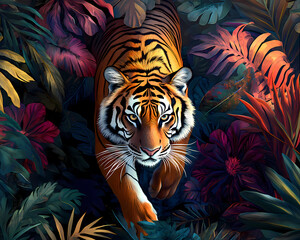 Tropical Tiger in Blooming Jungle