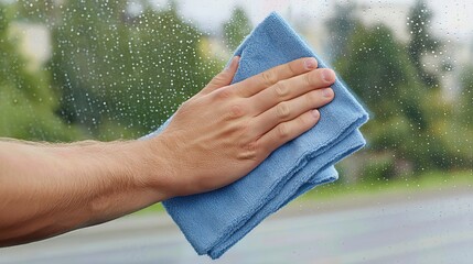 A person scrubs the car windshield with soapy water and a cloth, leaving the glass clear and streak-free.
