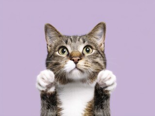 Fototapeta na wymiar A cat edited with front paws raised slightly, face calm and friendly, isolated soft lavender background