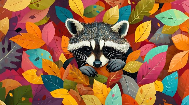Fototapeta Raccoon Autumn Leaves.