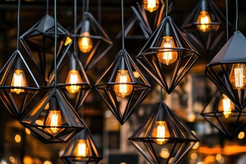 Fototapeta premium Geometric pendant lights illuminate a space