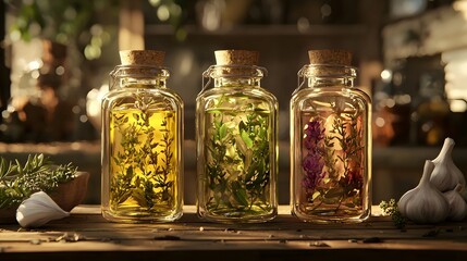 Herbal Infused Oils in Glass Jars on Wooden Table in Soft Light