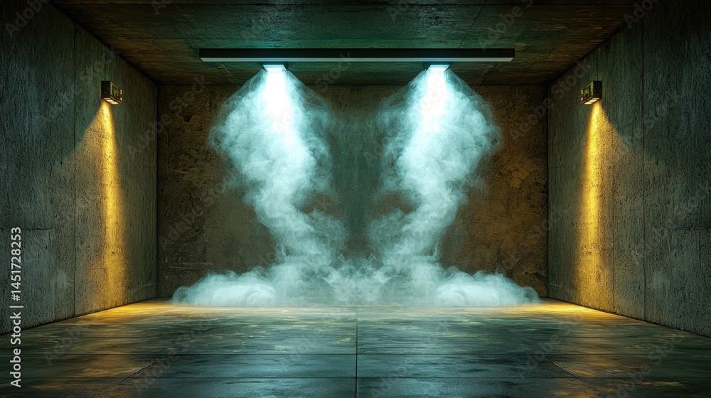 Poster artistic fog and smoke patterns swirling over dark floor illuminated by soft light