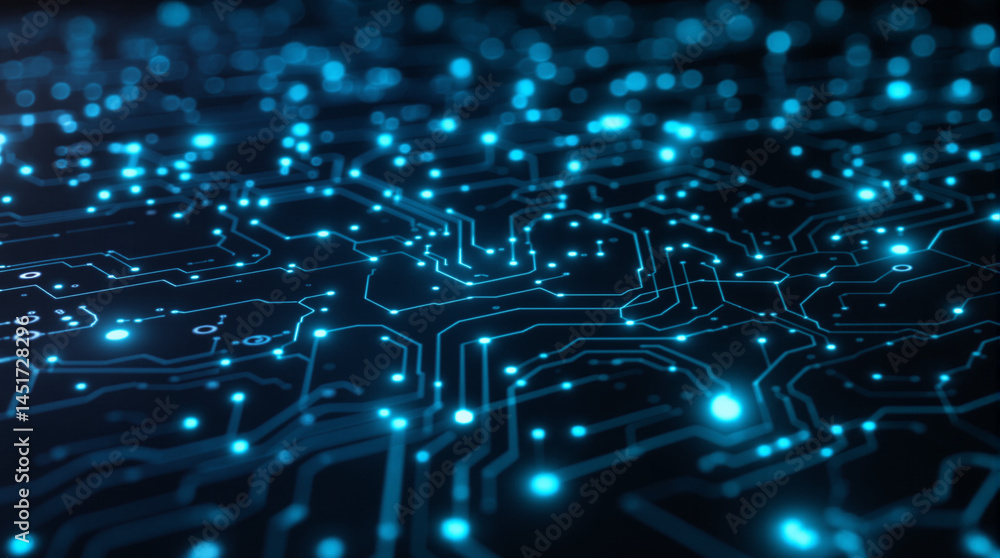 Poster illuminated circuit board: a close-up shot of a futuristic circuit board, pulsating with interconnec