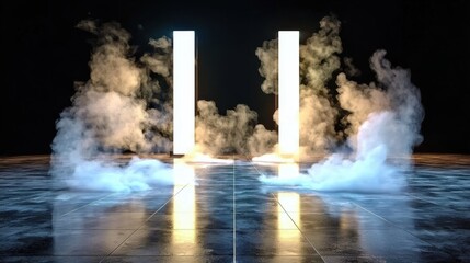 Artistic fog and smoke patterns swirling over dark floor illuminated by soft light