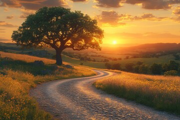 Fototapeta premium Dramatic sunset on winding cobblestone road. Ideal for travel, adventure, serene concept, background, road trip, scenic drive. Warm golden and amber tones create dreamlike quality.