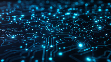 Obraz premium Illuminated Circuit Board: A close-up shot of a futuristic circuit board, pulsating with interconnected circuits. The network of glowing blue lights creates a sense of technological advancement.