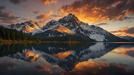 Snow-Capped Mountain and Lake Reflection at Sunset in Autumn Landscape