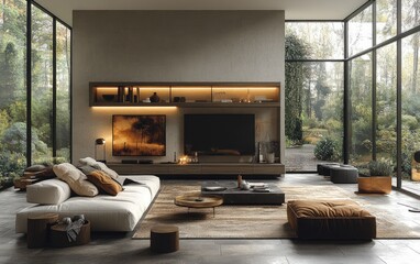 Modern living room, autumn garden view, relaxing atmosphere, interior design