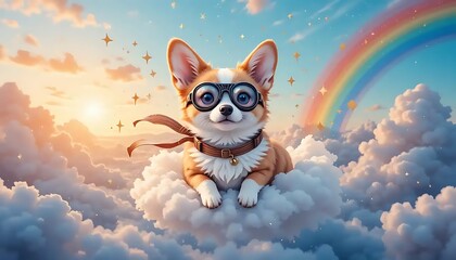 Corgi puppy pilot soaring high on dreamy clouds in a whimsical sky setting