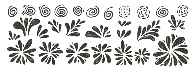 Firework charcoal set. Festive firecracker black brush isolated on white background. Doodle silhouette comets collection. Vector hand drawn illustration.